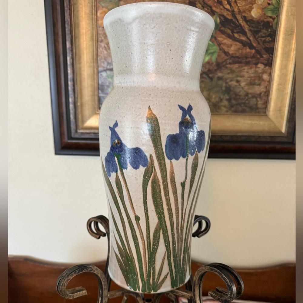 14”Tall Vintage stoneware Signed vase with blue iris.Very heavy.No damage.